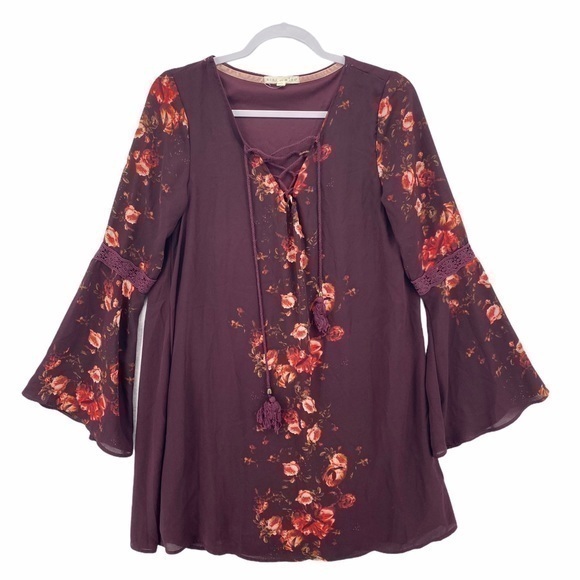 Hint Of Mint Floral Chiffon Flare Sleeve Dress - Picture 1 of 14